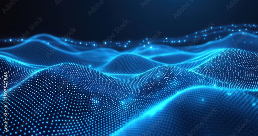 Poster abstract glowing blue waves in a digital landscape with illuminated points and flowing patterns crea
