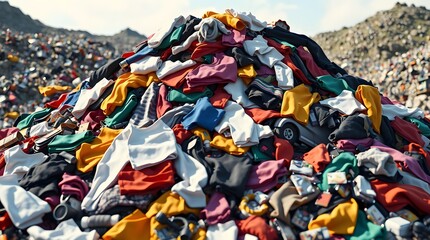 Fototapeta premium A Pile of Old Clothes in a Landfill Representing Fast Fashion Waste Dumping Sites and Donation Concept