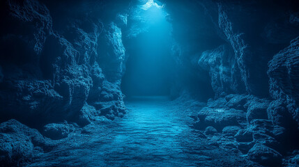 A mesmerizing cave pathway adorned with glowing lights and mysterious rock formations. Shadows dance along the rugged walls, evoking a sense of wonder, mystery, and hidden adventure