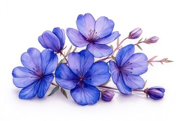 Watercolor painting of vibrant blue flowers, buds, and stems. Perfect for spring themes, cards, or feminine designs.