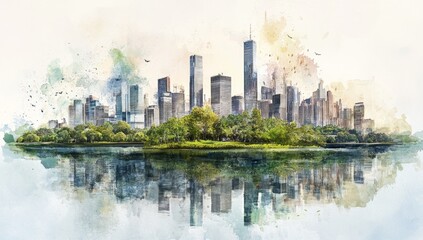 Obraz premium Watercolor New York City skyline with Central Park reflection