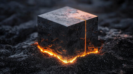 Mysterious glowing cube with molten cracks on a dark volcanic surface, emitting an intense fiery glow in a surreal environment