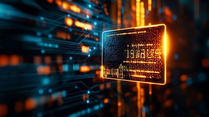 Futuristic digital credit card with glowing binary code, representing online transactions and secure payments.