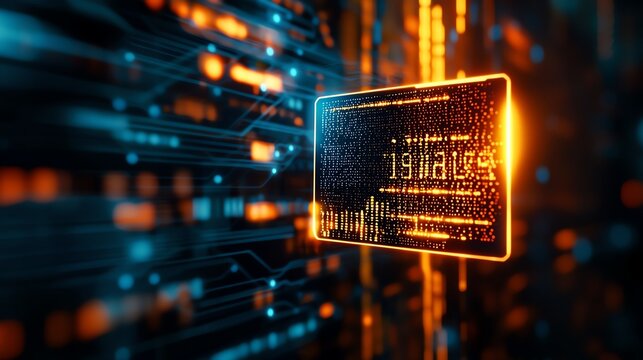 Futuristic digital credit card with glowing binary code, representing online transactions and secure payments.