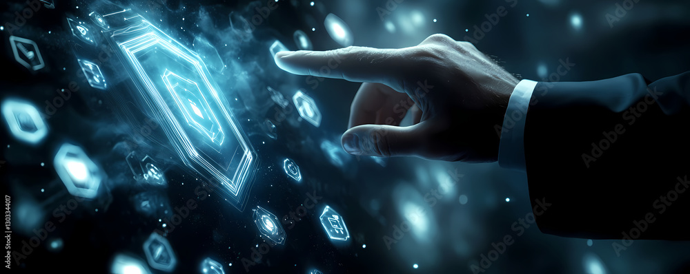 Poster digital touch: a hand interacts with a glowing digital interface, highlighting innovation and techno