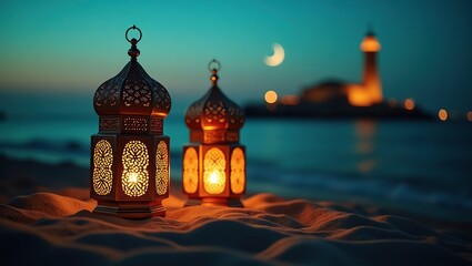 Fototapeta premium Ornate Lanterns on Sandy Beach with Illuminated Lighthouse and Crescent Moon