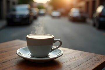 Fototapeta premium A cup of hot coffee on wood table with blurred city street background. Morning refreshment. Coffee menu