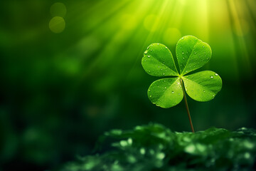 A single vibrant four-leaf clover symbolizing good luck against a rich green background with a soft, glowing light effect