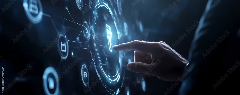 Poster digital interaction: a person's hand interacting with a futuristic digital interface, representing i