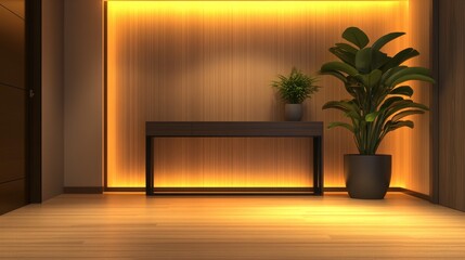 Modern interior hallway featuring a wooden wall, illuminated accents, and a decorative plant