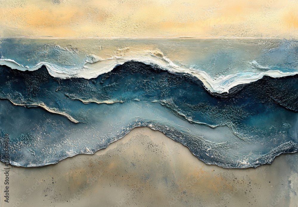 Poster abstract ocean waves art in two tones with textured layers and serene color palette reflecting calm 