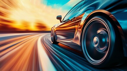 A sleek car races down a winding road, capturing the thrill of speed and motion against a vibrant sunset backdrop.