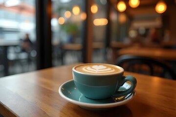 Obraz premium A cup of hot coffee on wood table with blurred cafe background. Morning refreshment. Coffee menu