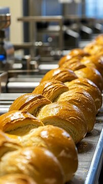 Freshly baked braided bread lined on a production line in a bustling bakery during the daytime