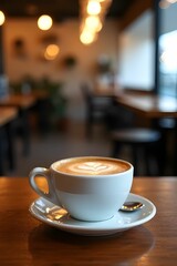 Obraz premium A cup of hot coffee on wood table with blurred cafe background. Morning refreshment. Coffee menu