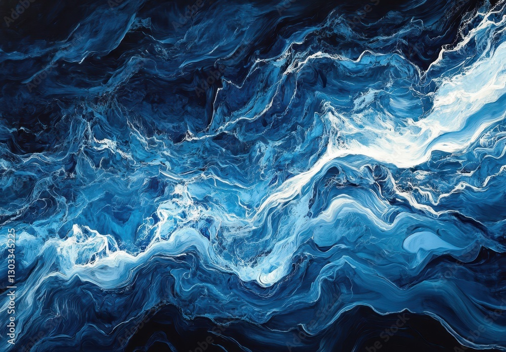 Poster abstract ocean waves in blue tones with white swirls capturing dynamic movement and fluidity in natu