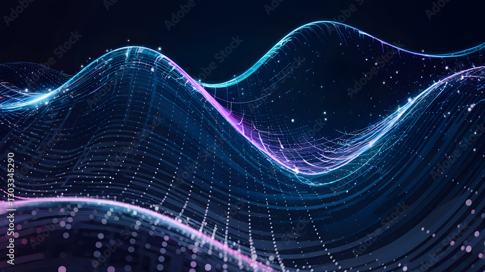 Poster data visualization waves: abstract digital landscape formed by flowing, interconnected lines of ligh
