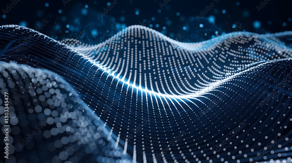 Poster digital waves: an abstract digital artwork depicts undulating waves of data points and flowing lines