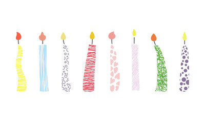 A set of different isolated icons of festive burning candles for a birthday, cartoon vector illustration, hand-drawn. Colorful cute element for celebration, decoration, design, flat design