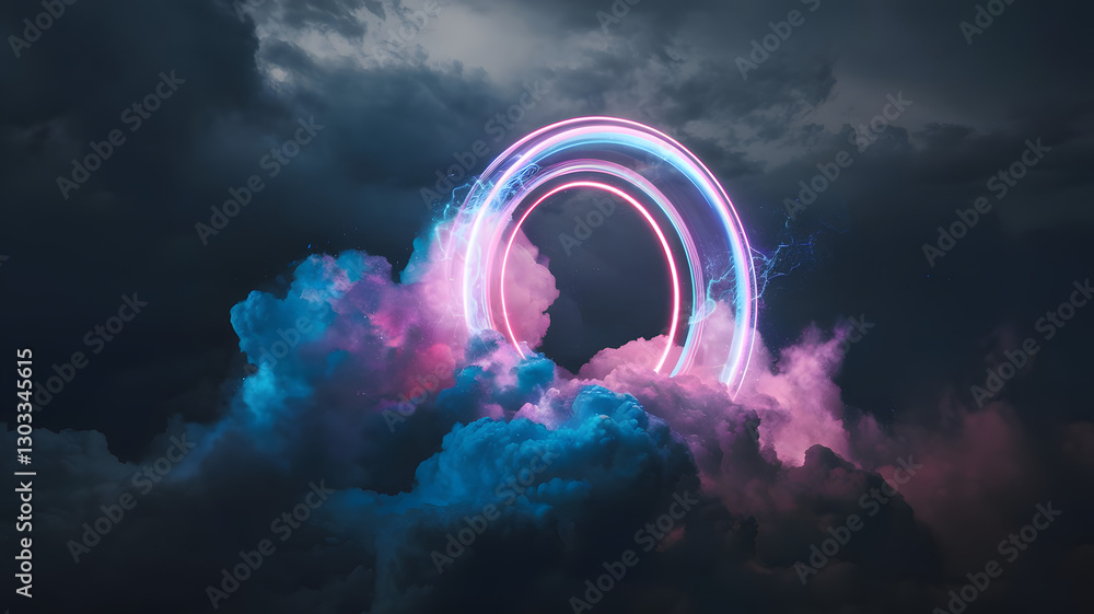 Poster portal to dreams: a captivating image of a vibrant neon ring floating amidst the ethereal embrace of