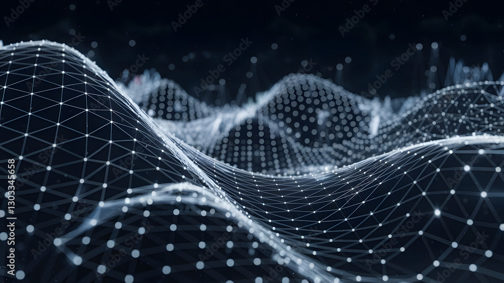 Poster digital landscape: an abstract, three-dimensional digital landscape, where interconnected nodes form