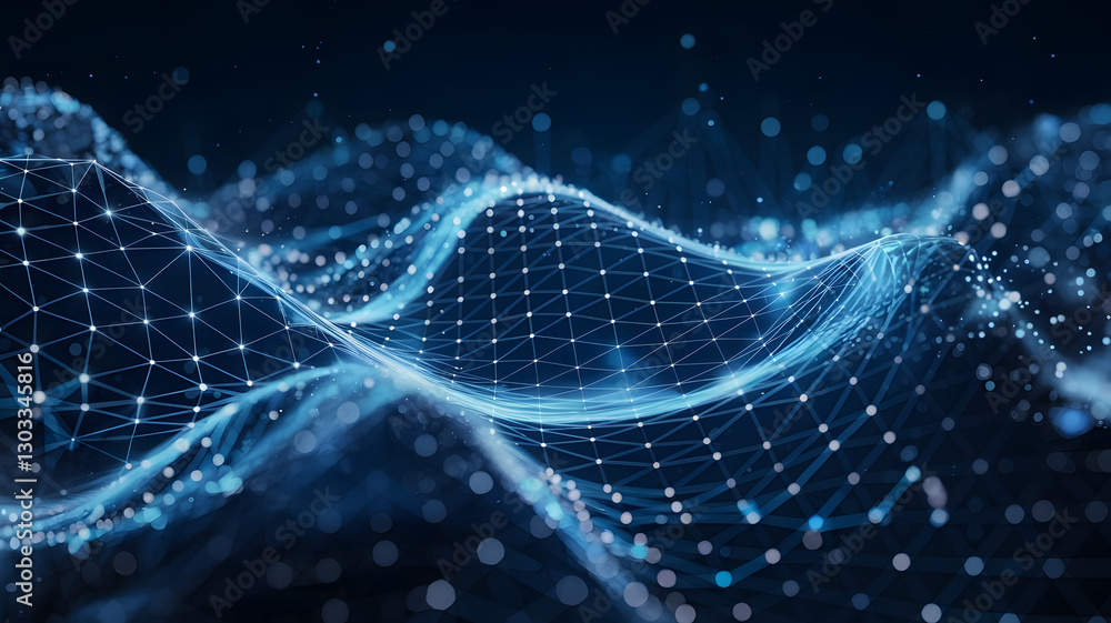 Poster digital abstract: an abstract representation of a neural network or digital data flow, rendered in v