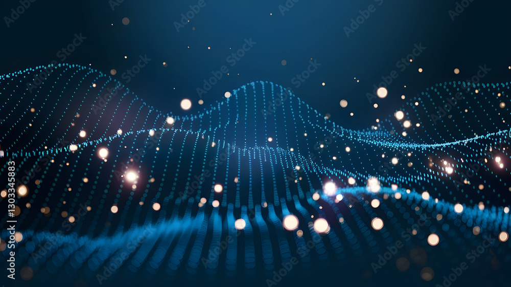 Poster digital symphony: an abstract digital landscape comes alive with dynamic waves of data points and ra