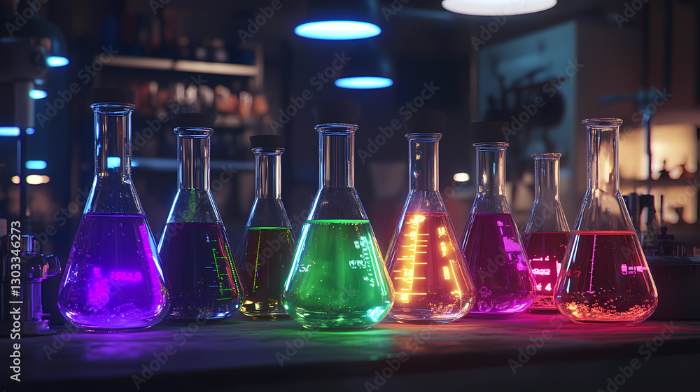 Poster mystical concoctions: a captivating display of illuminated conical flasks containing vibrant, colorf