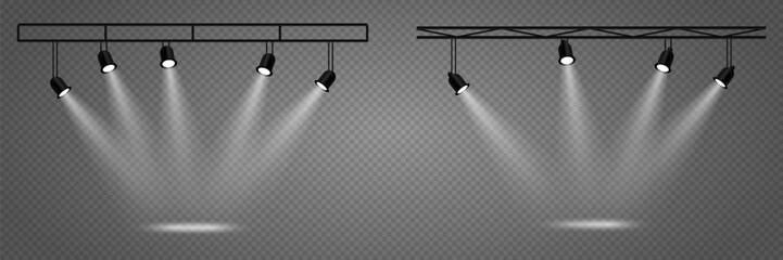A set of effects and lighting for studios and podiums, light spotlights. On a transparent background.