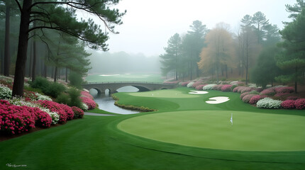 Beautiful Augusta National Golf Course Hogan Bridge Azaleas Foggy Morning Golf Landscape