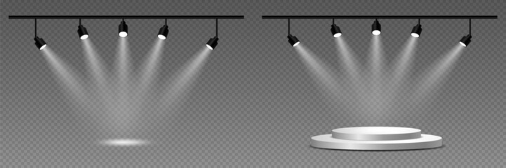 A set of effects and lighting for studios and podiums, light spotlights. On a transparent background.