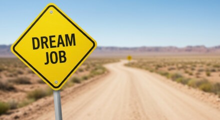 A vibrant yellow off-road sign with the bold statement "Dream Job," symbolizing ambition and career goals.