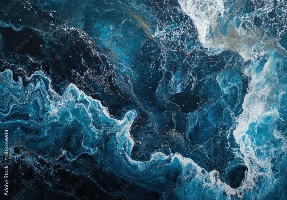 Poster abstract oceanic waves in deep blue tones showcasing swirling patterns and textures evoking a sense 