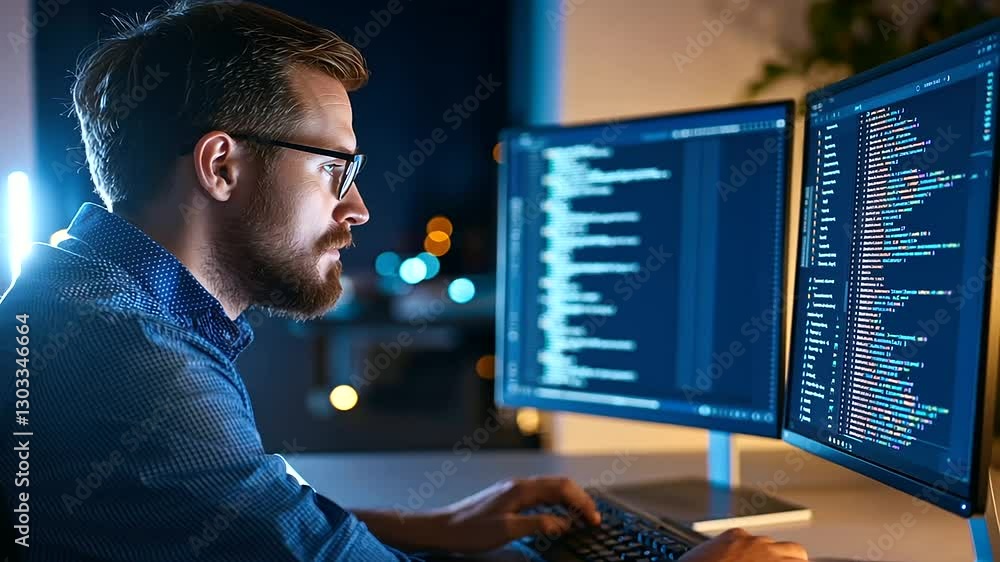 Poster cutting-edge software development by a tech professional in a contemporary workspace.