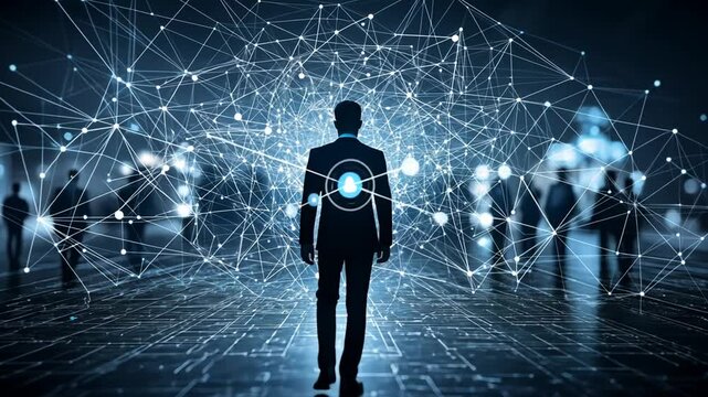 A visionary business leader navigating through the complex network of digital connectivity