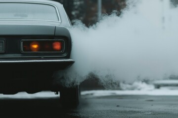 Classic car emitting thick exhaust fumes on the street, background urban trees