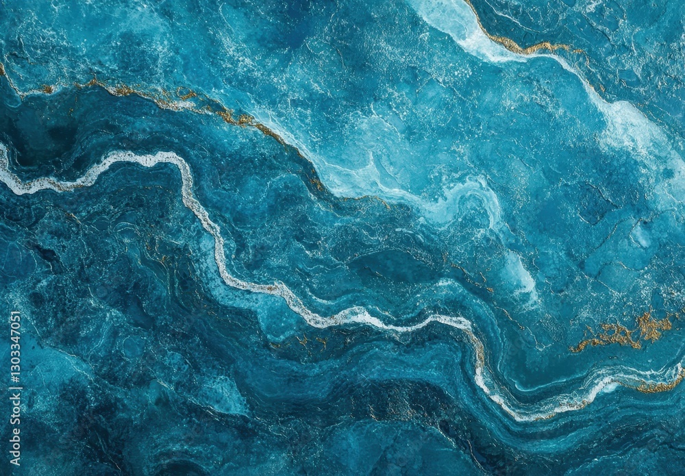 Poster abstract patterns of blue water waves with white and gold accents creating a serene and calming ocea
