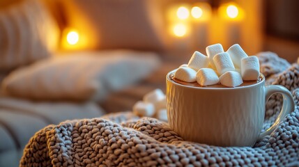 Marshmallow-topped hot cocoa in a mug on a cozy blanket, lit by soft lights