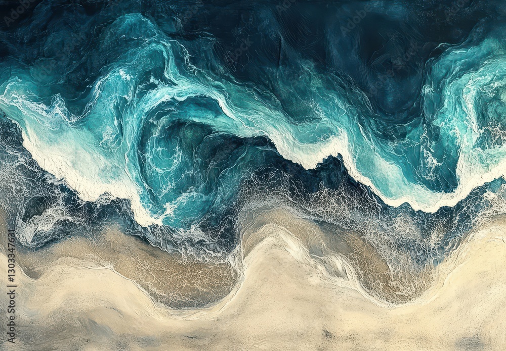 Poster abstract representation of ocean waves and sandy shore creating a dynamic blend of blue and beige hu
