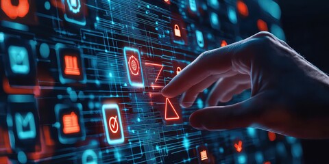 Hand scrolling through error logs with warning icons.