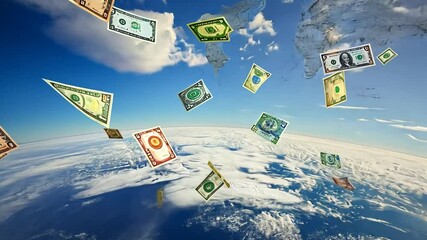 Financial Flow Across the Globe: Currency Bills Floating Above Earth From Space View - Powered by Adobe