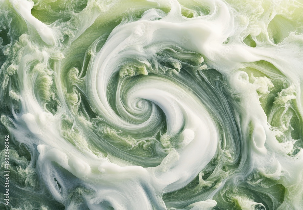 Poster abstract swirling patterns in soft green and white tones creating a spiraling motion effect for arti