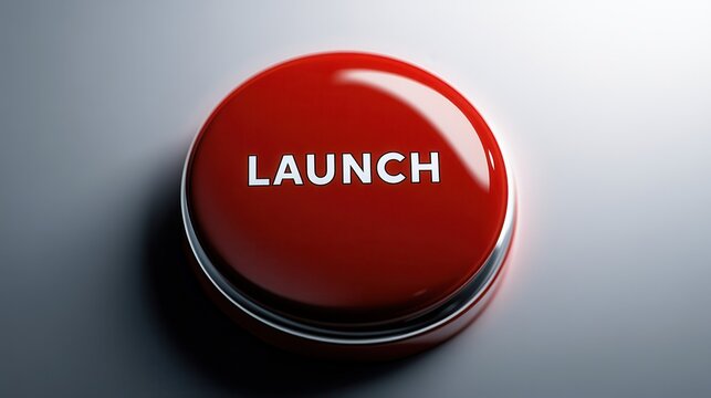 A bright red launch button with bold text on a sleek silver surface, symbolizing potential, readiness, and decisive action.