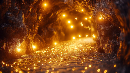 A mesmerizing cave pathway adorned with glowing lights and mysterious rock formations. Shadows dance along the rugged walls, evoking a sense of wonder, mystery, and hidden adventure