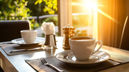 Obraz premium A table with two white cups and a silver coffee grinder. generated using AI