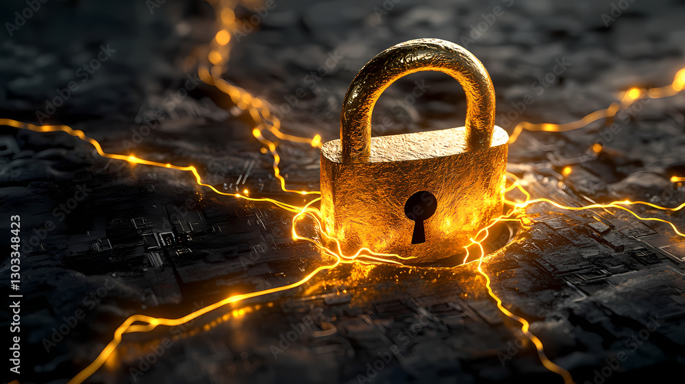Poster secure connection: illuminated golden padlock symbolizes data security and protection, as glowing en