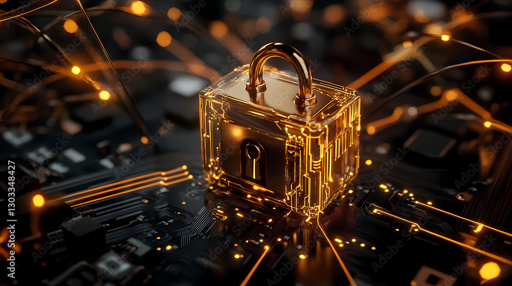 Poster digital fortress: an illuminating view of a transparent lock, the emblem of data security, placed ov