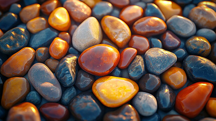 A polished pebble, smooth and radiant, captures ethereal allure with its tactile intricacies and kaleidoscopic hues, whispering timeless narratives shaped by nature's artistry through the ages