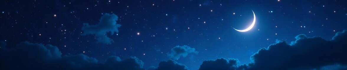 Fototapeta premium Dark sky filled with sparkling stars and crescent moon, sky, celestial