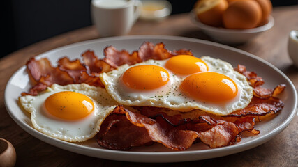 A delicious plate of bacon and eggs is ready to be enjoyed as a hearty and savory breakfast.